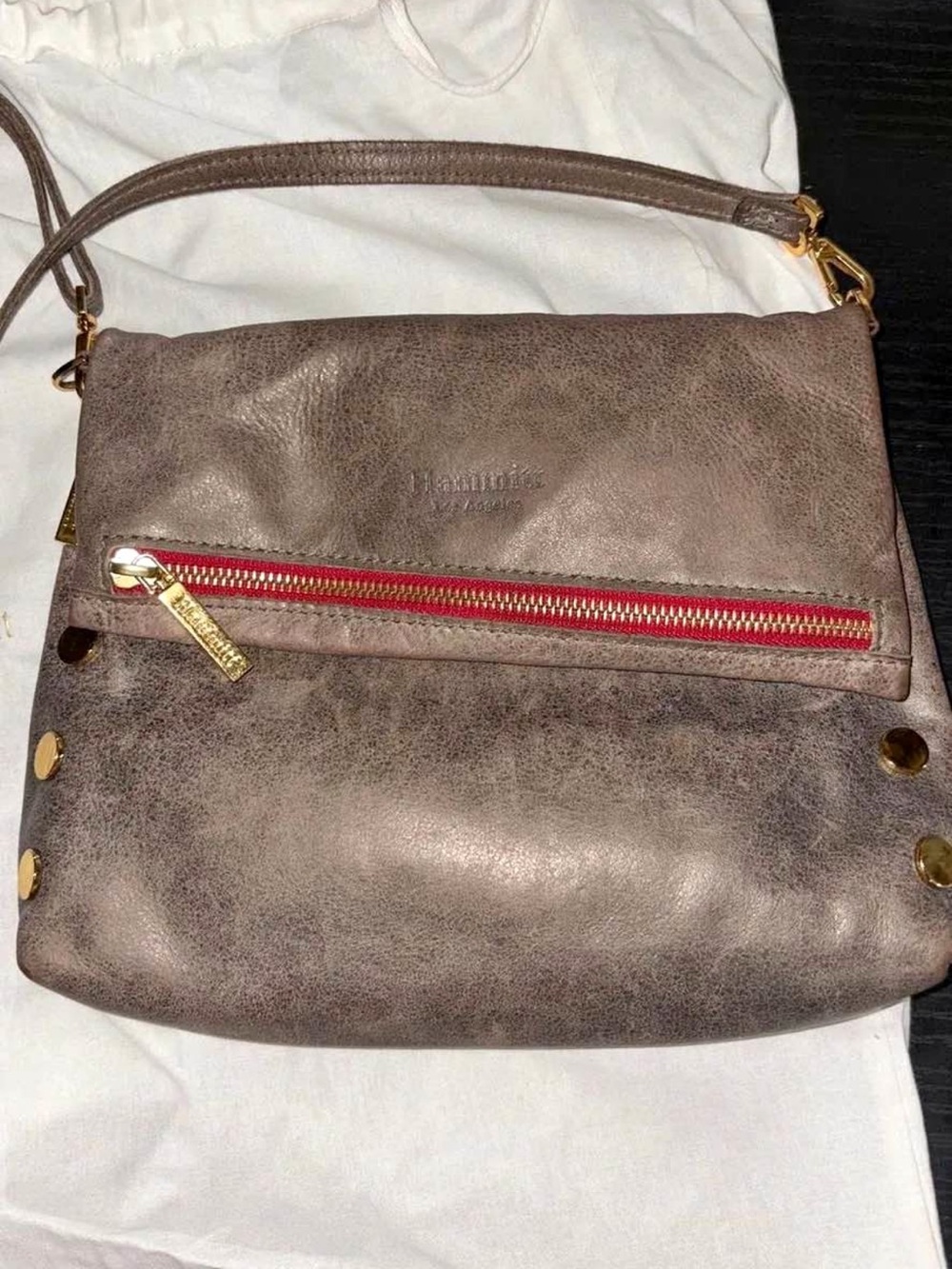 Hammitt Taupe Crossbody with Red Zip Accent